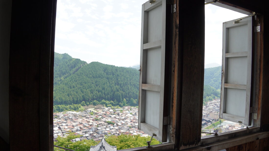The view over Gujo Hachiman's valley seen through an open window in the castle keep