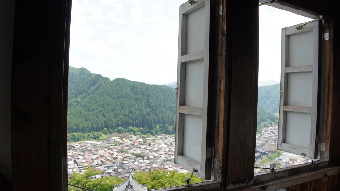 The view over Gujo Hachiman's valley seen through an open window in the castle keep