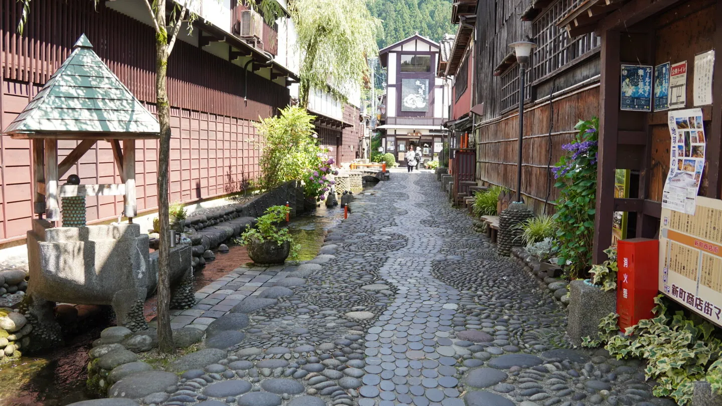 A quiet stone-paved alley in Gujo Hachiman's old town, with a small roadside shrine and potted plants along the lane