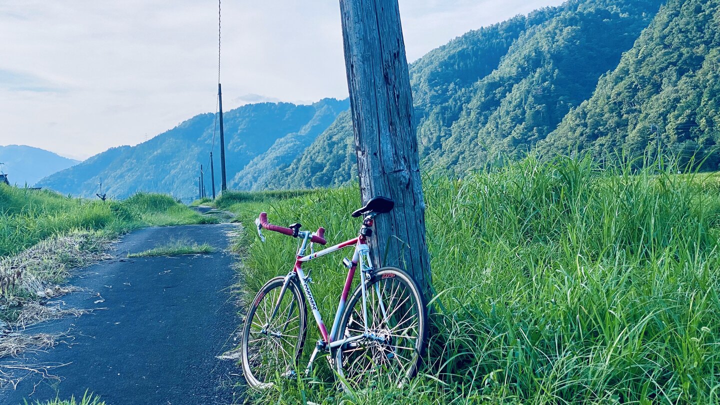 A road bike resting against a telegraph pole on a quiet riverside path, green mountains rising behind it in the Nagara River valley